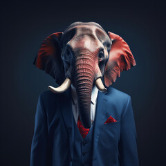 animal in a blue navy suit with red tie, elephant, business man, generative ai	