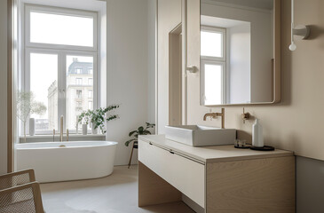 Fototapeta na wymiar Generative AI illustration of minimalist bathroom with powdery colors walls, birch plywood bathroom cabinet,