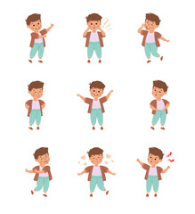 Little boy showing different emotions set. Cute boy dressed casual clothes showing various face expression and gesturing cartoon vector illustration