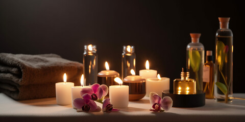 Obraz na płótnie Canvas Essential oils, soft towels, and candles create an inviting atmosphere for a rejuvenating spa day