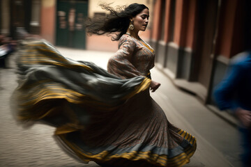 Obraz premium Generative AI illustration of Young woman dancing flamenco