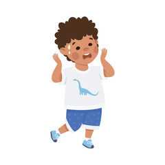 Cute little boy with scared face expression. Dark haired curly boy dressed white t-shirt and blue shorts cartoon vector illustration