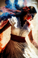 Fototapeta na wymiar Generative AI illustration of Young woman dancing flamenco