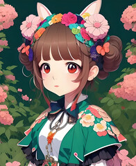 Cute anime girl romantic dress brown hair with flowers wreath fantasy illustration, generative ai.