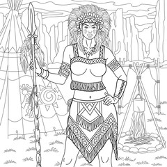 Beautiful Native American Indian woman. Adult coloring book page with mandala and zentangle elements. 