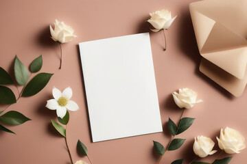 Mockup of an empty sheet of paper and dried flowers on the table. Minimalist postcard design. Generative AI