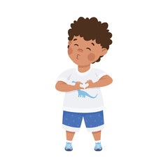 Cute little boy giving kiss and making love gesture. Dark haired curly boy dressed white t-shirt and blue shorts joining hands in heart shape cartoon vector illustration