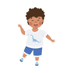 Cute little boy sticking out tongue and teasing. Mischievous dark haired curly boy dressed white t-shirt and blue shorts fooling around cartoon vector illustration