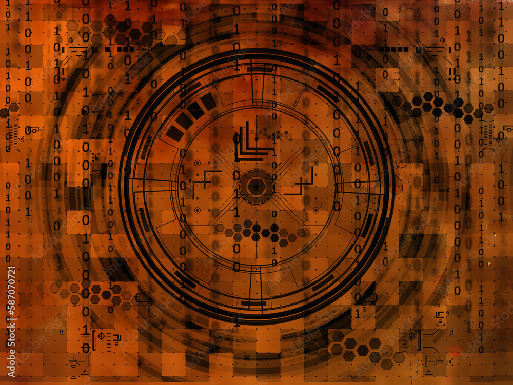 Poster drawing modern electronic circuit and binary code on orange grungy background