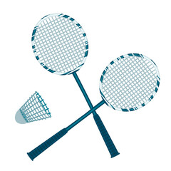 Badminton rackets and shuttlecock.Sport equipment for playing and outdoor activities.Objects in blue color isolated on white background.Vector flat style cartoon illustration.
