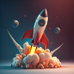 Naklejka premium cartoon illustration, spaceship taking off, ai generative