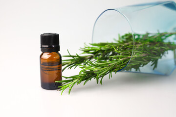 fragrant medicinal evergreen rosemary on a light background with a transparent glass and a jar of...
