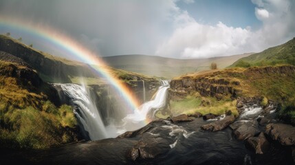 Scenic view of waterfall and rainbow, generative ai