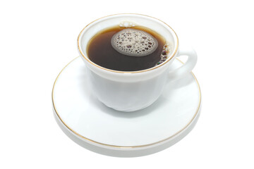 A white cup stands on a white saucer with black coffee. On a white background.