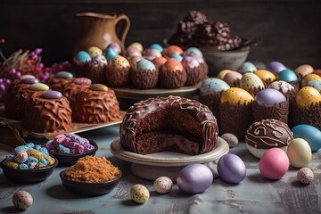 colorful display of various pastries and desserts on a table. Generative AI