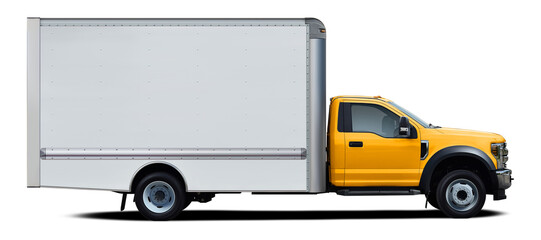 Modern american delivery truck with yellow cab side view isolated on white background.