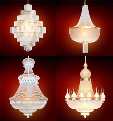 illustration set of vintage crystal chandeliers with pendants