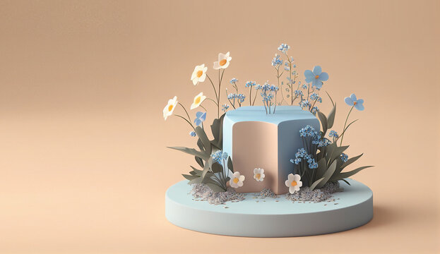 3D Background With Forget Me Not Flowers And Leaves. Soft. Product Presentation. Mockup 3d Render Advertisement Copy Space Mockup. Mother Woman Day. Event Love Romance	
