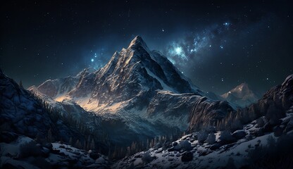 Fototapeta na wymiar Verschneite Berge und Gebirge bei Nacht mit Sternen