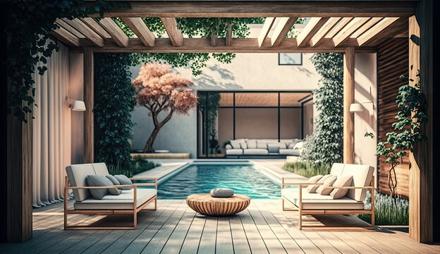 Outdoor interior living room in the garden with couch, cushions and seats, minimal concepts, open outside space zone for activities, backyard scene, Modern design background with Generative AI.