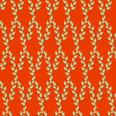 Pattern branches with green leaves on orange background. For fabrics, background , wall paper, wrapping, poster or banner. Vector illustration