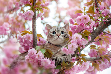 Pretty cat climbing the sakura tree close-up picture ©  Tatyana Kalmatsuy
