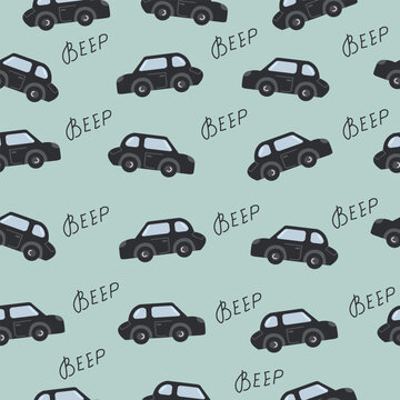 Cartoon Transportation Background for Kids. Vector Seamless Pattern with doodle Toy Cars and Traffic signs