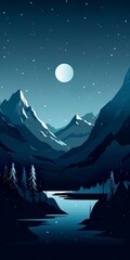Fototapeta premium Flat 2d illustration of a mountain landscape. Panoramic view. Ai generative art.