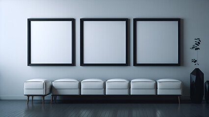 Mockup of three blank photo frames on modern living room sofa and decor product mockup,
Generative ai