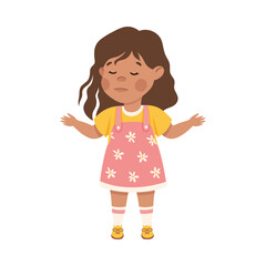 Cute happy little girl with disappointed face expression. Brunette girl dressed yellow t-shirt and pink sundress standing with her arms outstretched to sides cartoon vector illustration