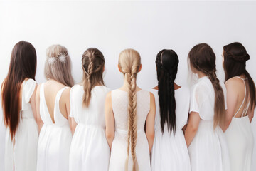 Obraz premium Close-up portrait of a group of women with various hairstyles, haircut, and hair color - copy space, isolated, background, not based on a real person, Generative AI