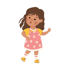 Cute little girl. Brunette girl dressed yellow t-shirt and pink sundress gesturing cartoon vector illustration