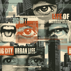 Abstract seamless pattern with newspaper headlines, concerned human eyes, urban landscapes. Chaotic vector background on the theme of city life in retro style. Wallpaper, wrapping paper, fabric design