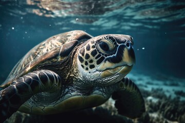 Fototapeta premium The sea turtle swims in the ocean. Closeup of a large green sea turtle. tropical coral reef wildlife. Tortoise in the ocean. tropical marine ecosystem. Blue water with a large turtle. Photo of an unde