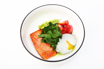 Healthy breakfast. Breakfast with poached egg and red fish. Natural omega.Flat lay. Top view. Copy space.Isolated object.