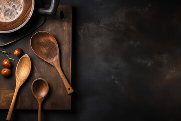 Abstract food background. Top view of dark rustic kitchen table with wooden cutting board and cooking spoon, frame. Banner or template with copy space for your design. Kitchen objects. AI Generated 