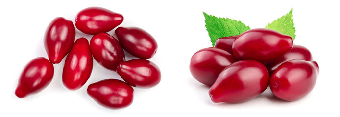 Red berries of cornel or dogwood isolated on white background. Top view. Flat lay