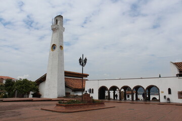 Guatavita town main square with clock tower Colombia