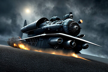 Black fantastic locomotive. Generative AI