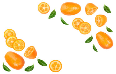 Cumquat or kumquat with slices isolated on white background with copy space for your text. Top...