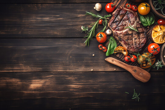 Grilled meat and vegetables, space for text, vintage wood background, AI Generated 