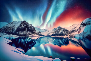 northern lights over snow-capped mountains. Generative AI, Generative, AI - obrazy, fototapety, plakaty