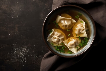 Overhead view of Wonton soup in bowl on table mockup, fabric, Grey black background, AI Generated.