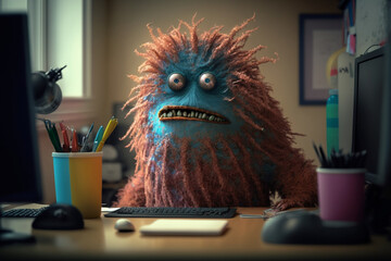 Group of cute colorful alien monsters working at the desk. Colorful monster confused in the office. Generative AI illustrations