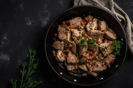 Top view Pork stir-fried with garlic and peppercorns mockup, On grey black background. AI Generated.