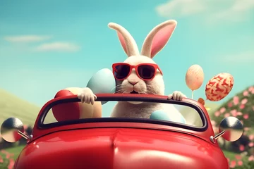 Vlies Fototapete Cartoon-Autos Cute Easter Bunny with sunglasses driving a red car filed with easter eggs