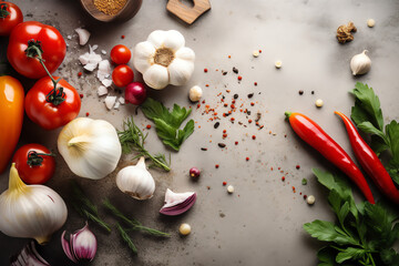 White cooking banner Vegetables and spices on the kitchen, on grey background. AI Generated.