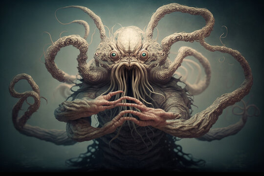 Portrait of a fat ugly pale alien monster. Fantastic creature with multiple tentacles, generative AI illustration