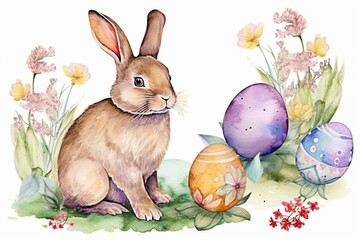 Easter bunny with painted eggs and flowers. Watercolor illustration. Generative AI