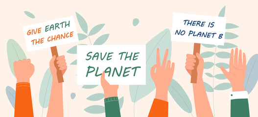 Against climate change. Characters with posters and signs save planet. Caring for environment and ecology, fighting global warming. Activists protest, rally. Cartoon flat vector illustration